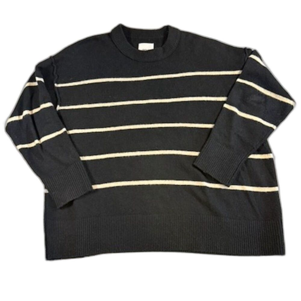 Aerie Oversized Striped Crewneck Sweater Womens L Black Cream Cozy Soft Knit